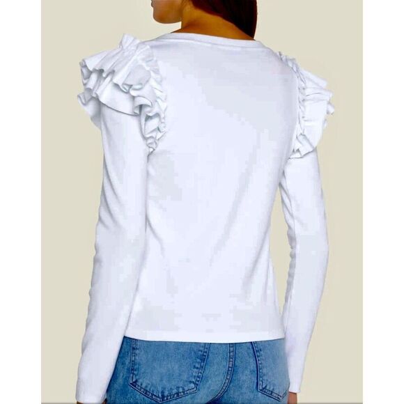 Veronica Beard Avedon Top White Ruffle Long Sleeve Ribbed top XS NWT 228 IRRG - Picture 6 of 15